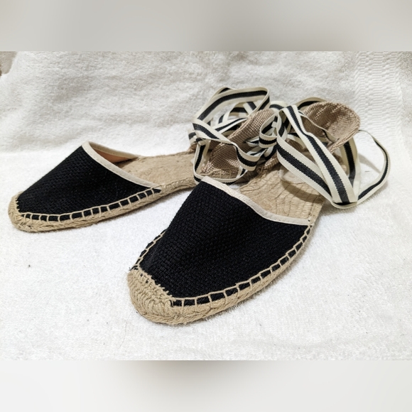 NWB Anthropologie Soludos Black and White Flat Ribbon Ankle Tie Espadrilles Sz 8 - Picture 4 of 8